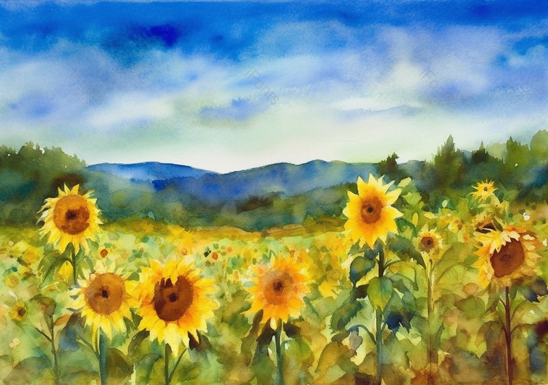 印象主义夏日花田黄色向日葵盛开水彩全景背景,插画/手绘图,插画/手绘图库,插画/手绘图下载,插画/手绘